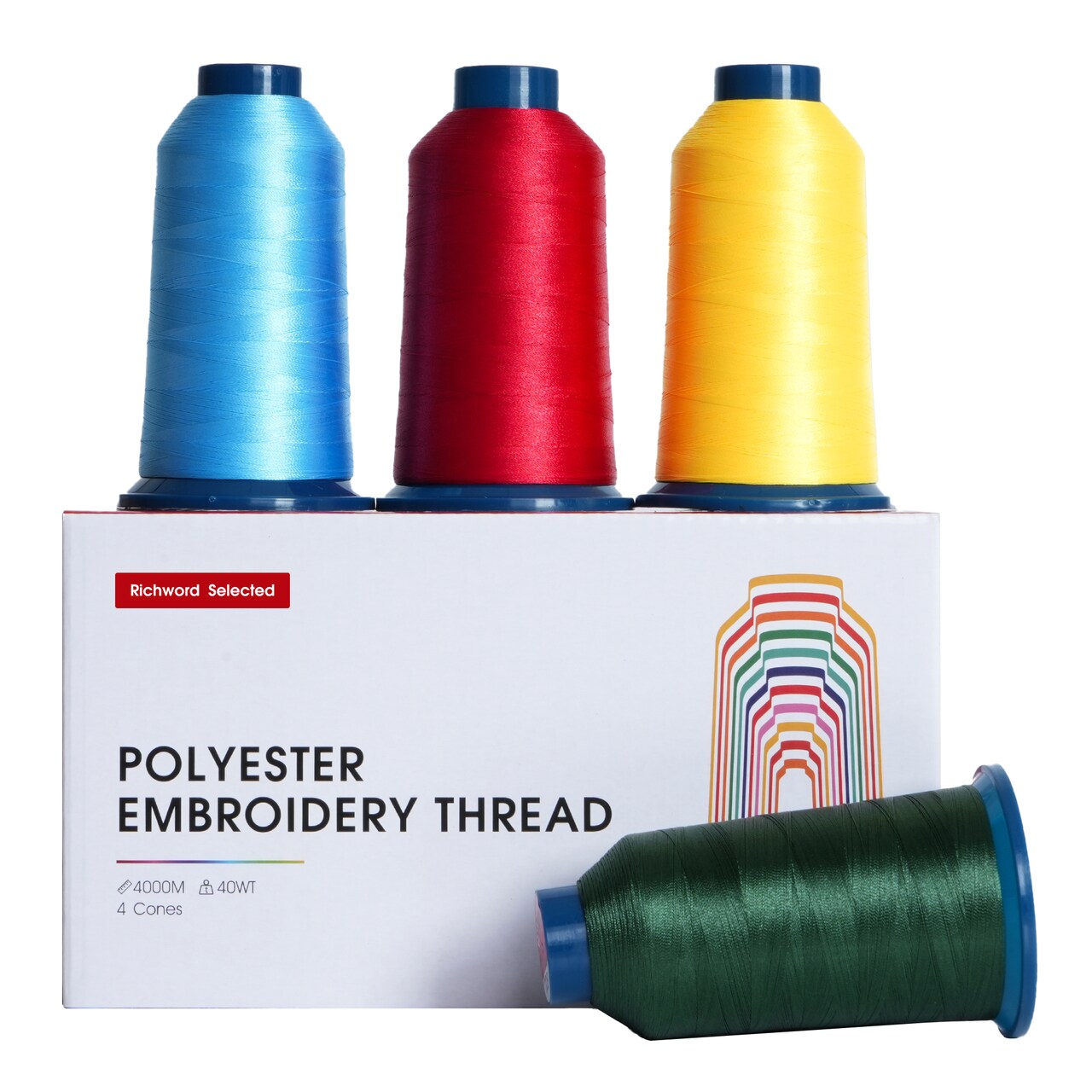 Richword Selected Embroidery Thread Set, 4 Rolls 4000M (4374Y) 40WT Polyester, Black, White, Red, Light Pink & Multi-Color Mix, Huge Spool for Home & Commercial Embroidery Machines